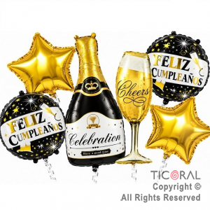 SET DE GLOBOS METALIZADO BOTELLA FELIZ CUMPLE CELEBRATION ORO 6 UNIDADES